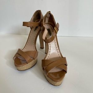 Miu Miu retro patent leather platform nude tan peep toe D’Orsay Pumps Sz 7